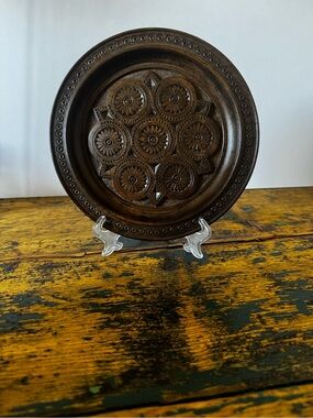 Hand-Carved Wooden Decorative Plate - Dark Brown